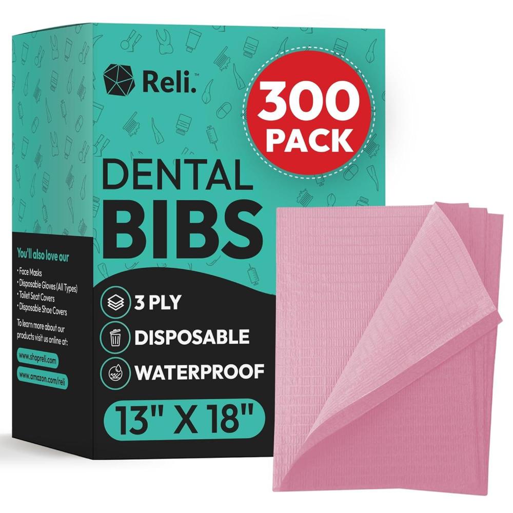 imageReli Pink Dental Bibs 300 Pack 13x18 Dental Bibs Disposable for Patients Dentists 3Ply Waterproof Disposable Sheets for Medical Tray Cover Nail Mat Tattoo Shop