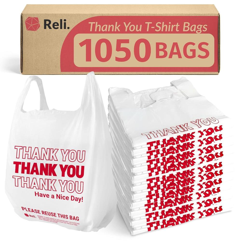 imageReli Plastic Bags Thank You 1050 Count White Grocery Bags with Handles Shopping Plastic
