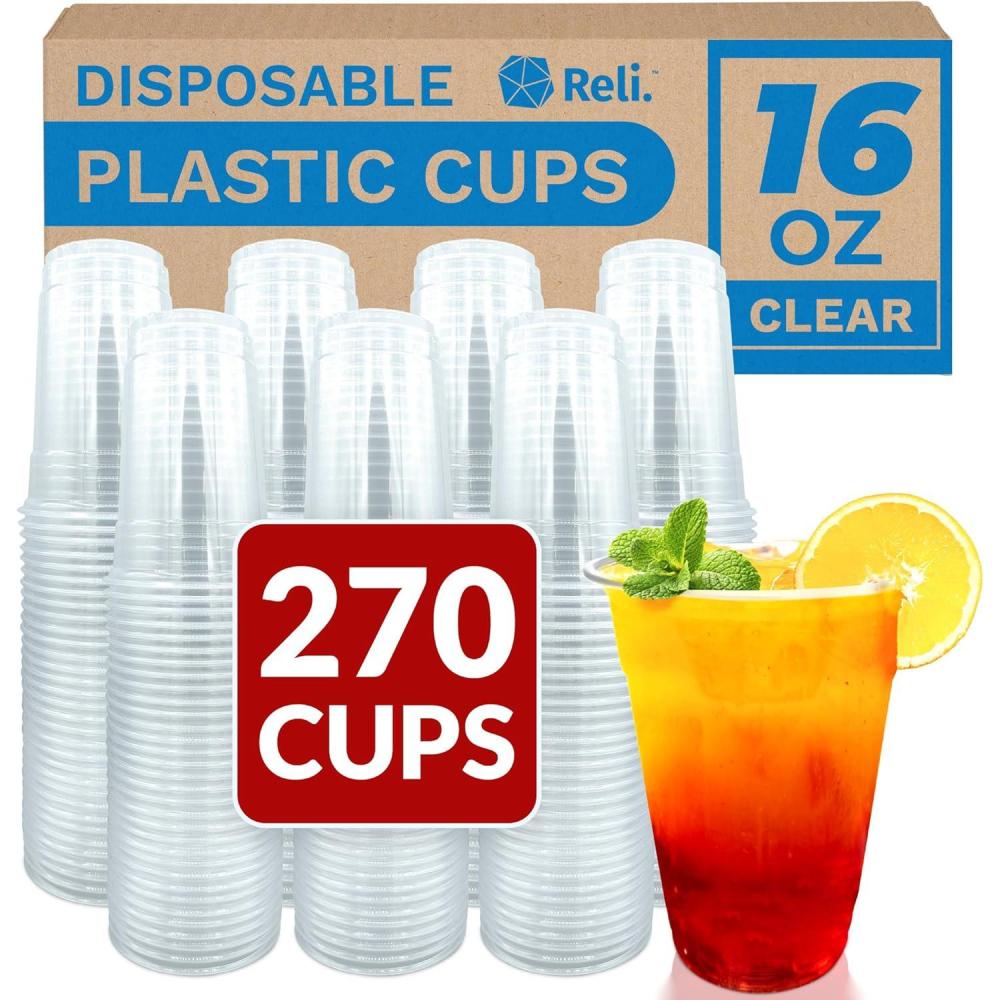 imageReli Plastic Cups 16 oz 270 Pack Clear Plastic Cups Disposable PET Clear Disposable Bulk 16oz PET Drinking Containers for Party Iced Coffee Cold Drinks Smoothies To Go