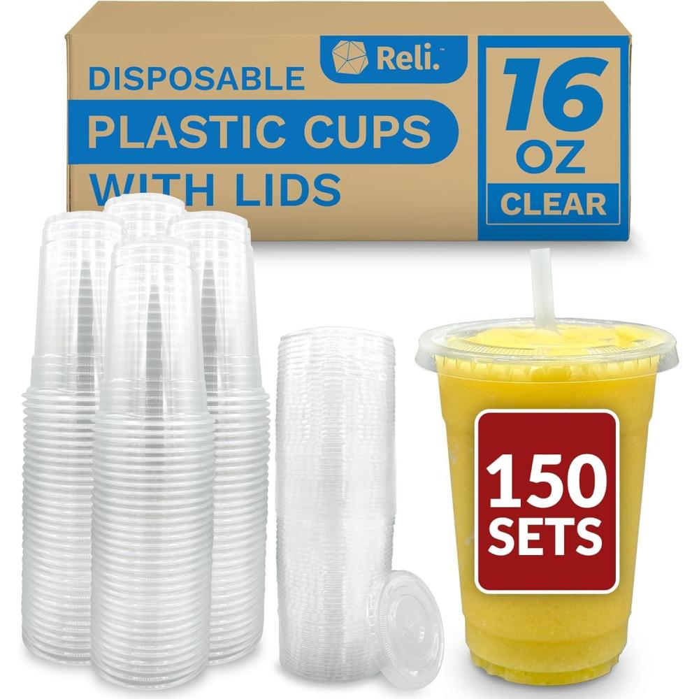 imageReli Plastic Cups with Lids 16 oz 150 Sets Clear Plastic Cups with Lids To Go Leak Proof Use for Smoothies Iced Coffee150