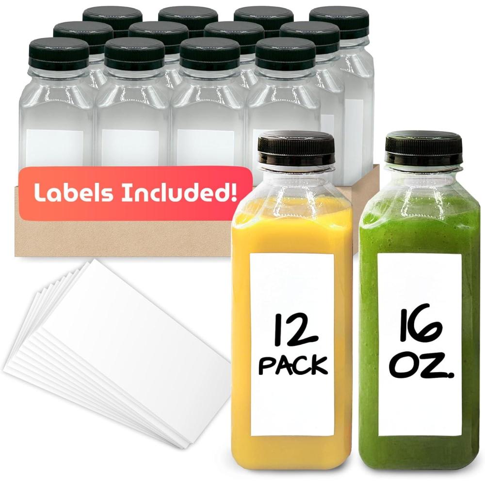 imageReli Plastic Juice Bottles 12 Pack 16 oz Square 16 oz Plastic Bottles with Caps amp Sticker Labels Clear Empty for Drinks 16oz Disposable Reusable Containers for Juicing Smoothies