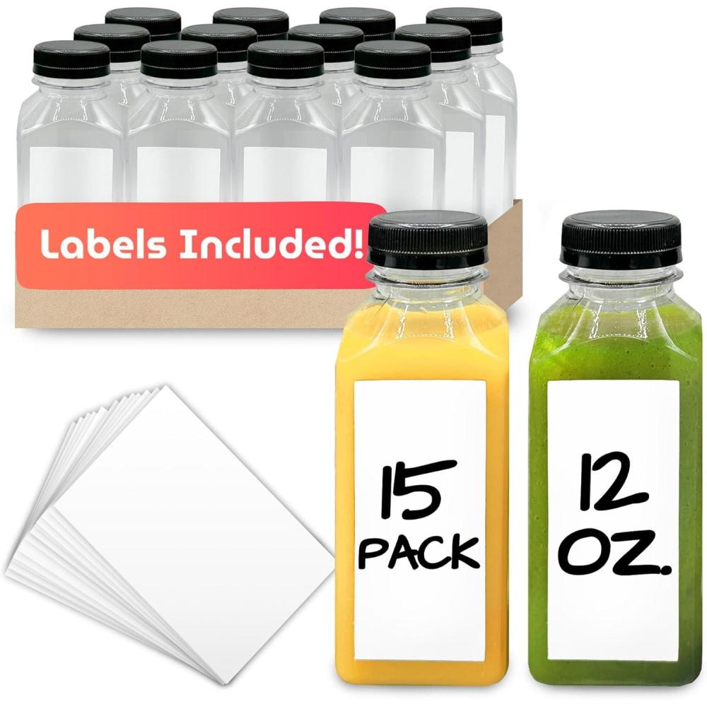 imageReli Plastic Juice Bottles 15 Pack 12 oz Square Plastic Juice Bottles with Caps amp Sticker Labels Clear Empty for Juicing 12oz Disposable Reusable Containers for Juicing Smoothies