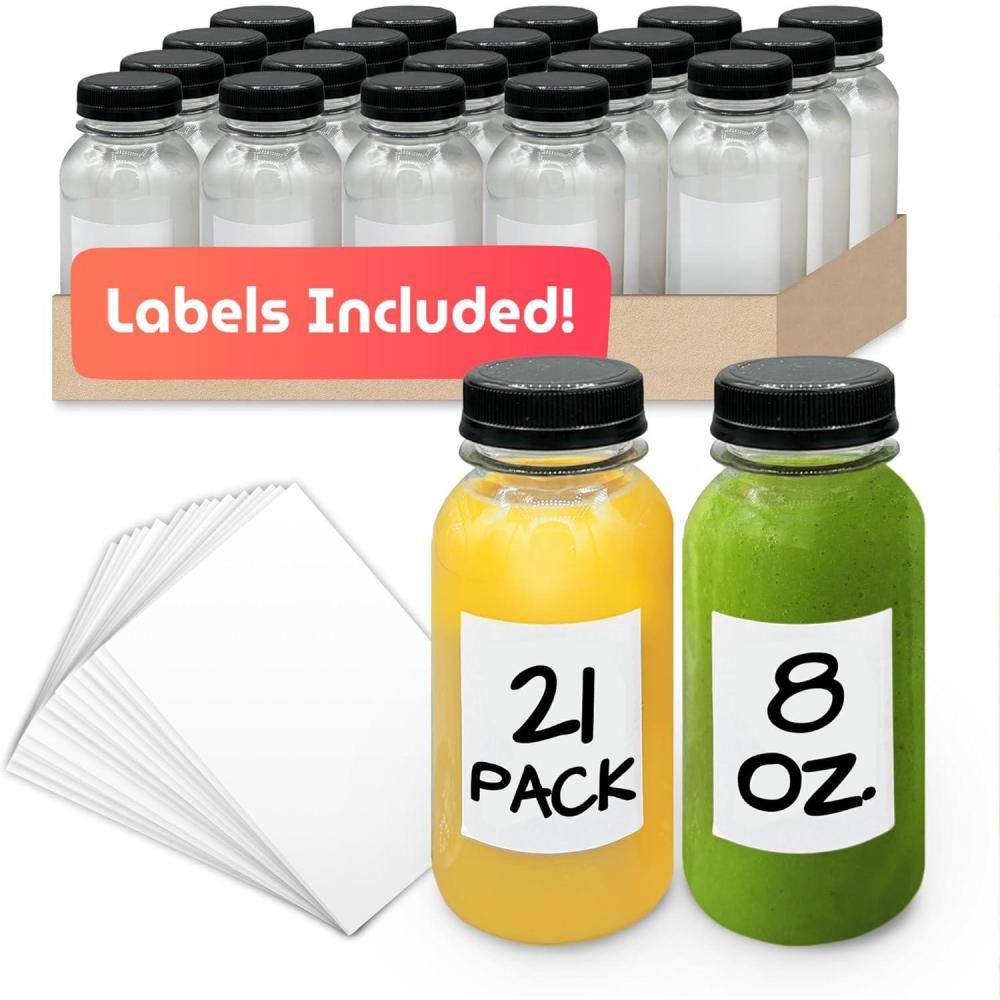 imageReli Plastic Juice Bottles 21 Pack 8 oz Round Plastic Juice Bottles with Caps amp Sticker Labels Clear Empty for Juicing 8oz Disposable Reusable Containers for Juicing Smoothies