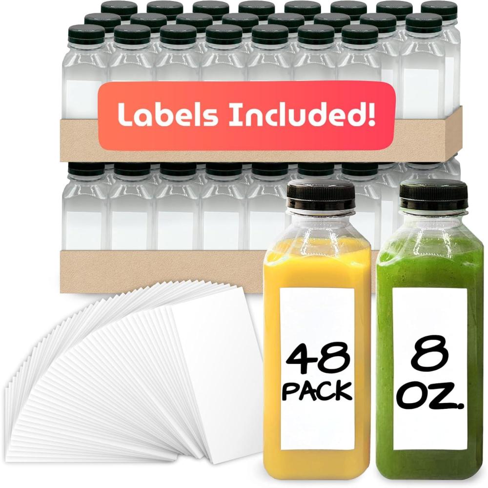 imageReli Plastic Juice Bottles 48 Bulk Pack 8 oz Square Plastic Juice Bottles with Caps amp Sticker Labels Clear Empty for Juicing 8oz Disposable Reusable Containers for Juicing Smoothies48