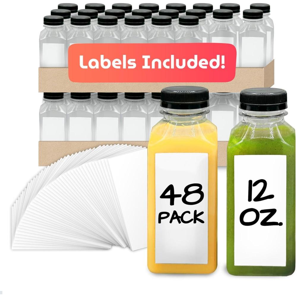 imageReli Plastic Juice Bottles 48 Pack 12 oz Square Plastic Juice Bottles with Caps amp Sticker Labels Clear Empty for Juicing 12oz Disposable Smoothies48