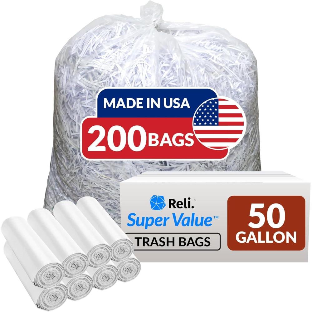 imageReli Premium 50 Gallon Trash Bags 200 Count Made in USA Heavy Duty Bulk SuperValue Clear MultiUse Garbage Bags