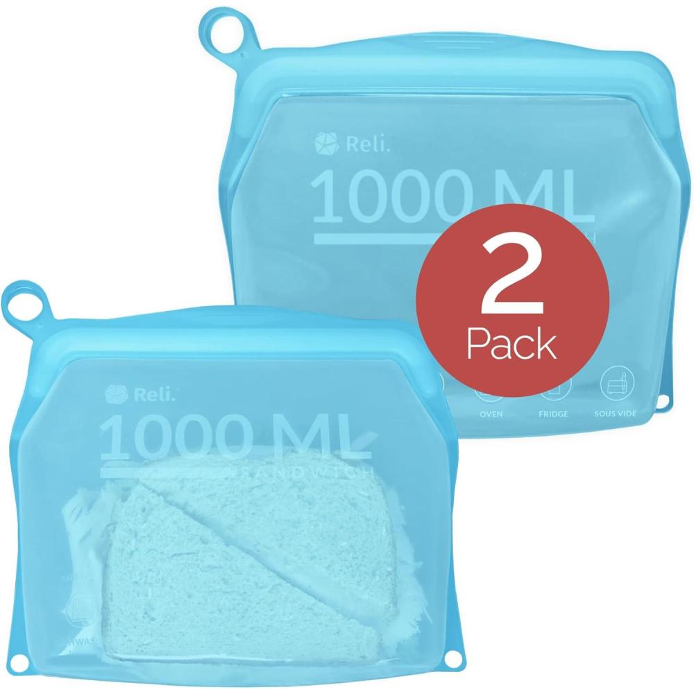 imageReli Reusable Silicone Bags 2 Pack  Sandwich 1000 ml Aqua  Silicone Bags for Food Storage  Reusable Food Storage for Meal Prep  LeakProof DishwasherFreezer Safe