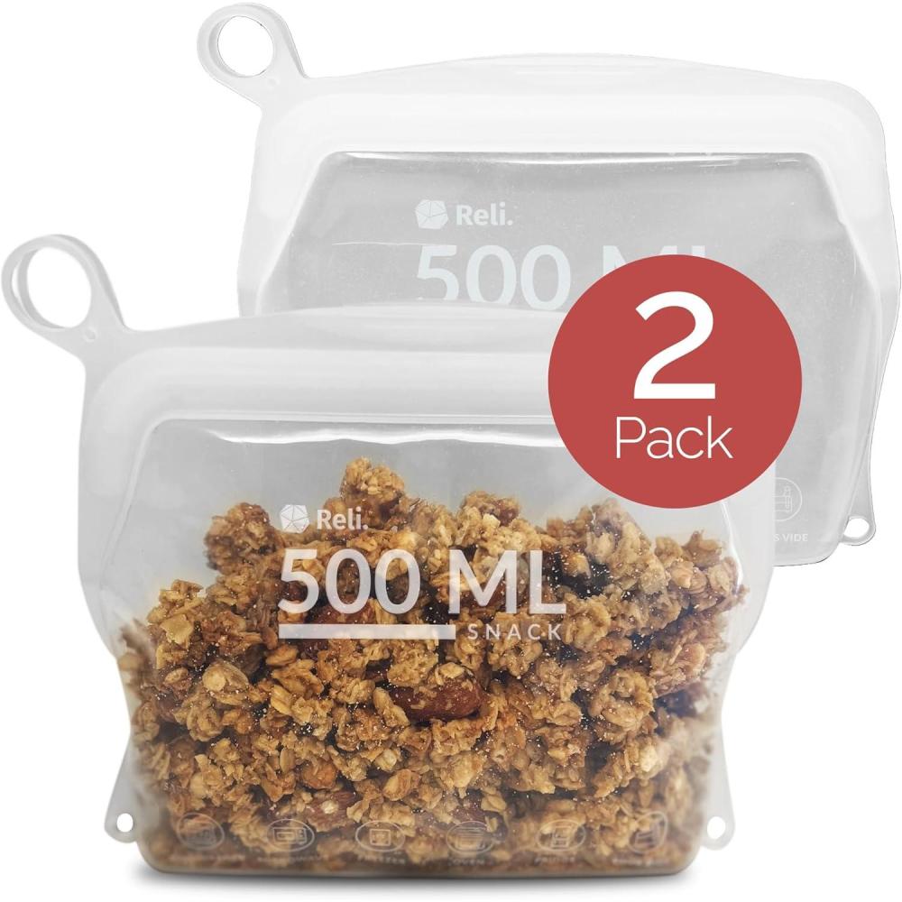 imageReli Reusable Silicone Bags 2 Pack  Snack 500 ml Clear  Silicone Bags for Food Storage  Small Reusable Food Storage for Meal Prep Lunch Boxes  LeakProof DishwasherFreezer Safe