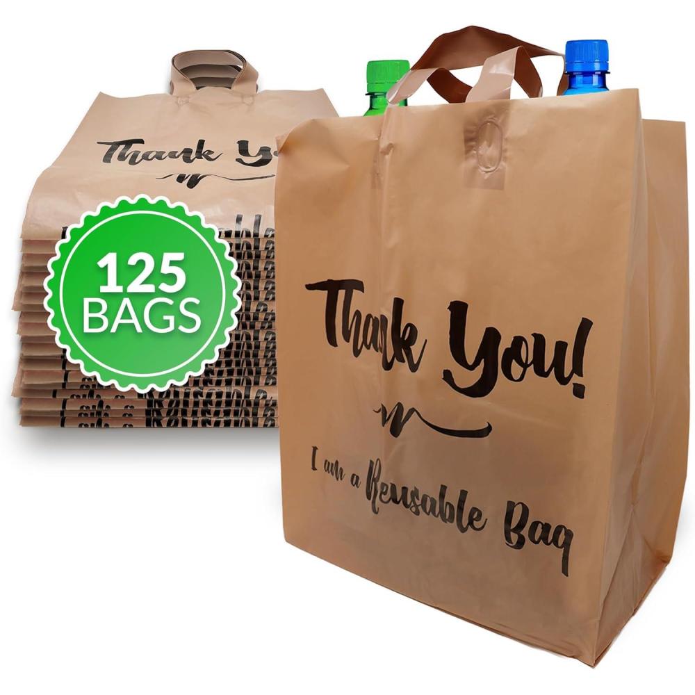 imageReli Reusable Thank You Bags 125 Pack 2 Mil BrownKraft Shopping Bags Plastic 12 L x 675 W x 14 H Ideal for Groceries Retail Food Take OutTo Go Small Business