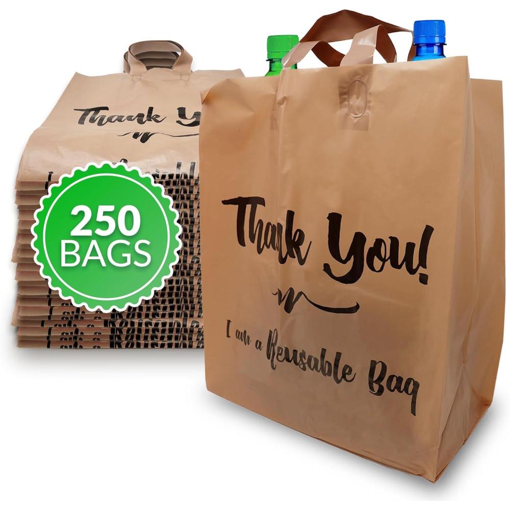 imageReli Reusable Thank You Bags 250 Pack 2 Mil BrownKraft Shopping Bags Plastic 12 L x 675 W x 14 H Ideal for Groceries Retail Food Take OutTo Go Small BusinessMedium