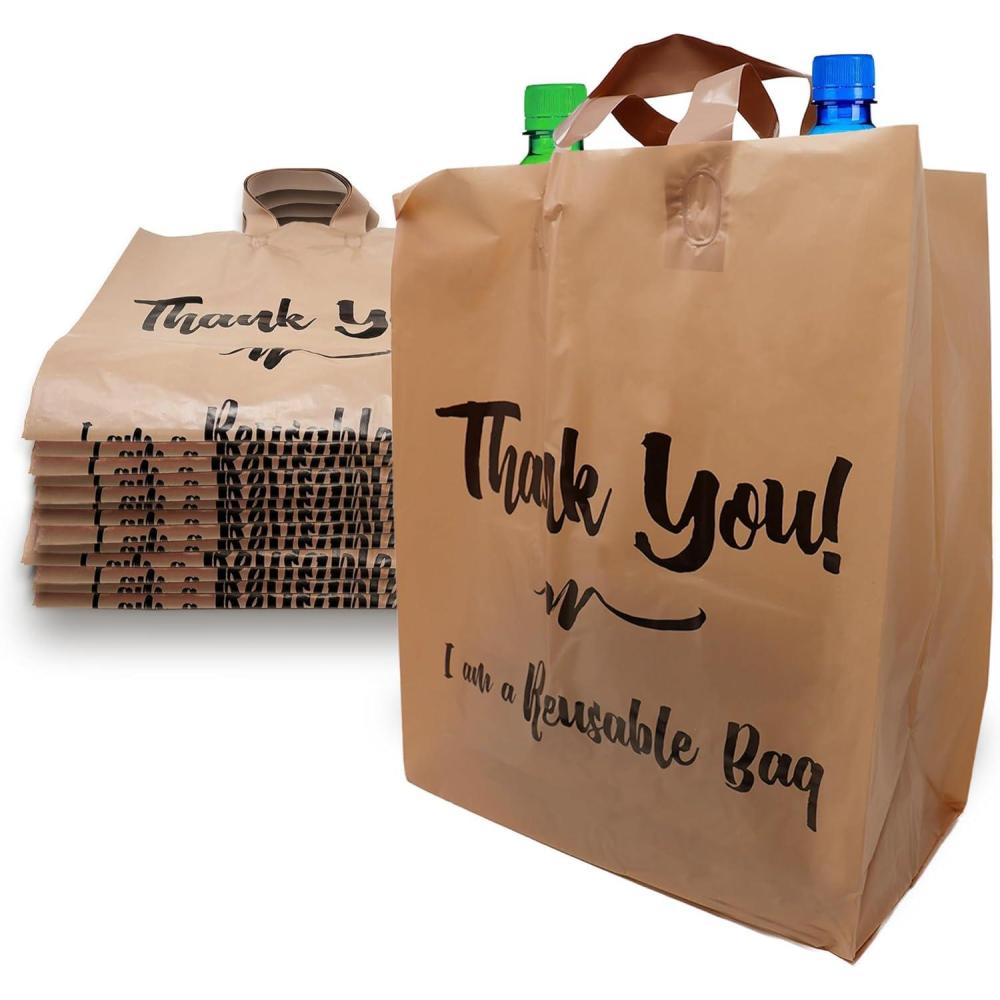 imageReli Reusable Thank You Bags 50 Pack 2 Mil BrownKraft Shopping Bags Plastic 12 L x 675 W x 14 H Ideal for Groceries Retail Food Take OutTo Go Small Business