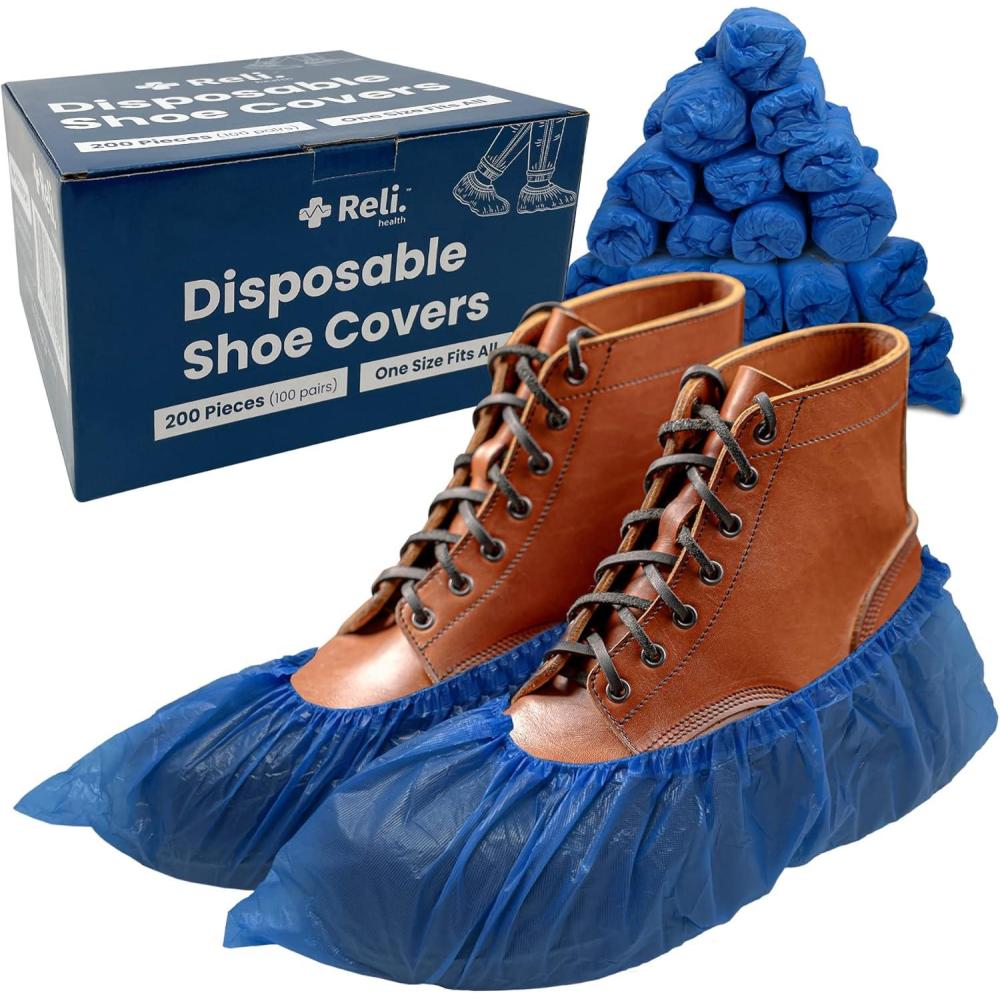 imageReli Shoe Covers Disposable 200 Pack 100 Pairs One Size Fits All Non Slip Disposable Shoe Covers for Indoors Disposable Booties Shoe Protector Waterproof Plastic Single Use Blue