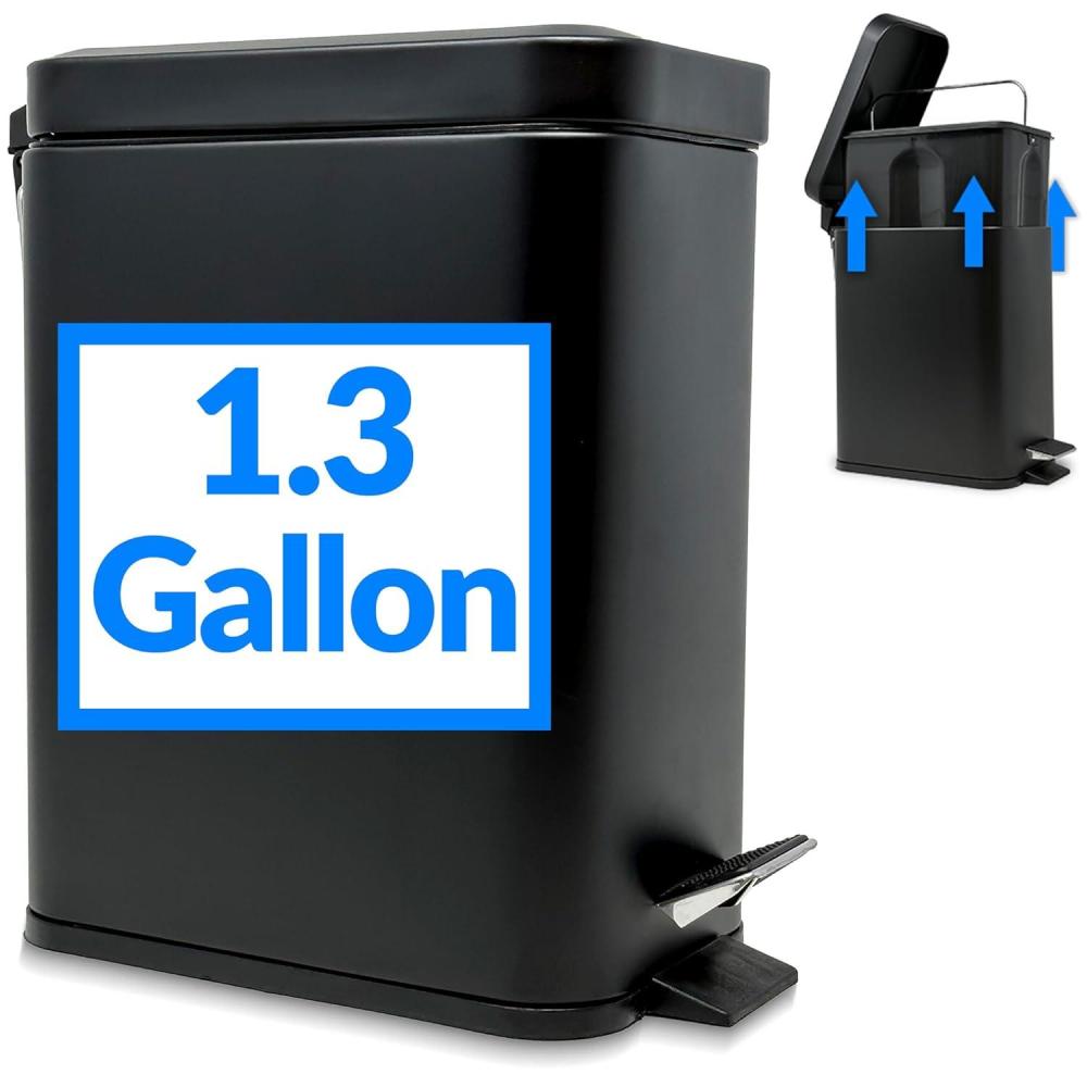imageReli Small Trash Can with Lid 13 Gallon 5 Liter Stainless Steel Matte Black Small Bathroom Trash Can Step Pedal Garbage Bin with Removable Bucket Kitchen Rectangular Metal Bin