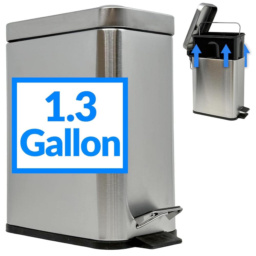 imageReli Small Trash Can with Lid 13 Gallon 5 Liter Stainless Steel Silver Small Bathroom Trash Can Step Pedal Garbage Bin with Removable Bucket Kitchen Rectangular Metal Bin