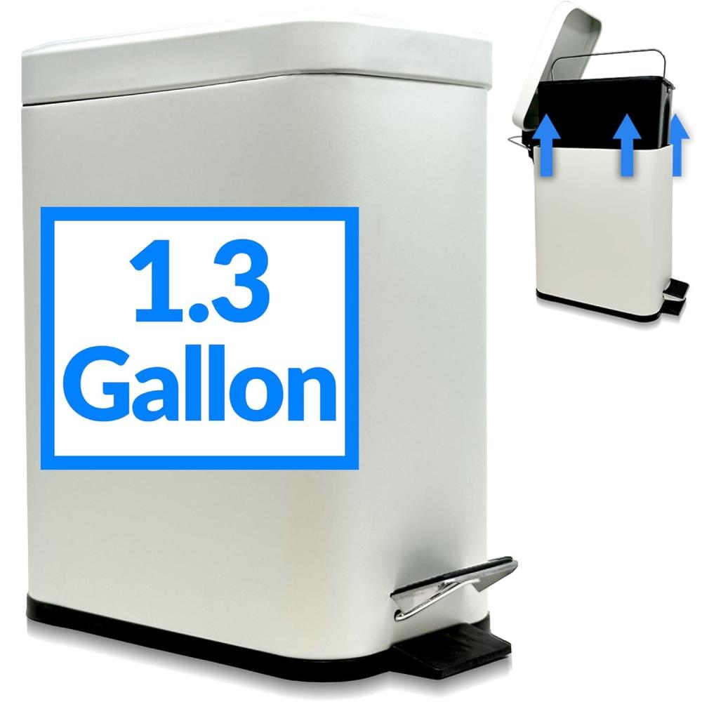 imageReli Small Trash Can with Lid 13 Gallon 5 Liter Stainless Steel White Small Bathroom Trash Can Step Pedal Garbage Bin with Removable Bucket Kitchen Rectangular Metal Bin