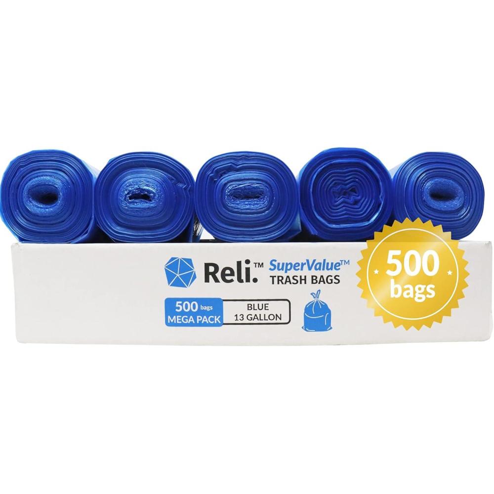 imageReli SuperValue 13 Gallon Recycling Bags 500 count Bulk Tall Kitchen Blue Trash Bags
