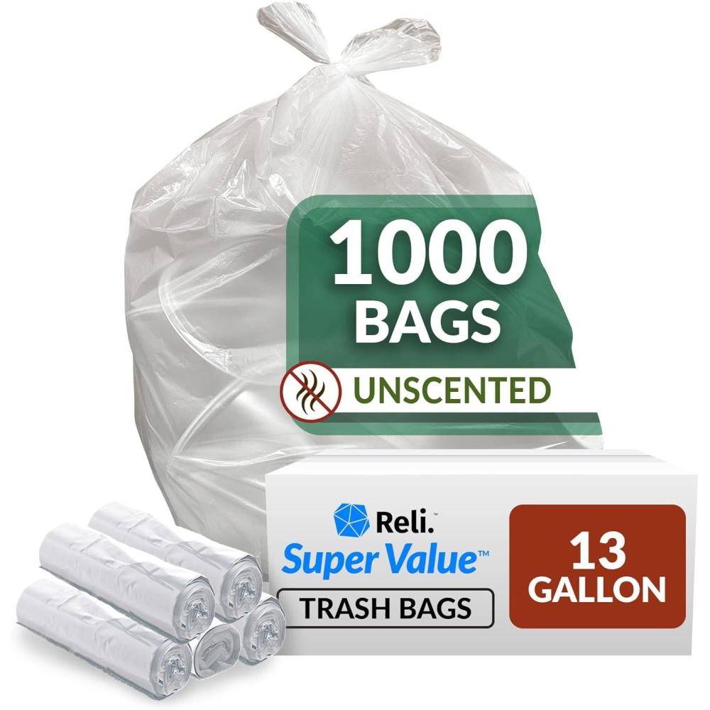 imageReli SuperValue 13 Gallon Trash Bags 1000 Count Bulk Tall Kitchen Can Liners Clear MultiUse Garbage Bags