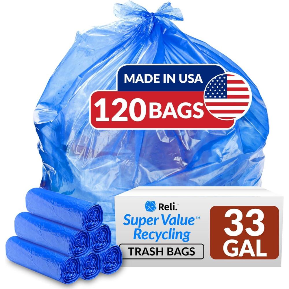 imageReli SuperValue 33 Gallon Recycling Bags 120 Count Made in the USA Blue Trash Bags 3033 Gallon Recycling Garbage 33Gal with 30Gal 35Gal Capacity