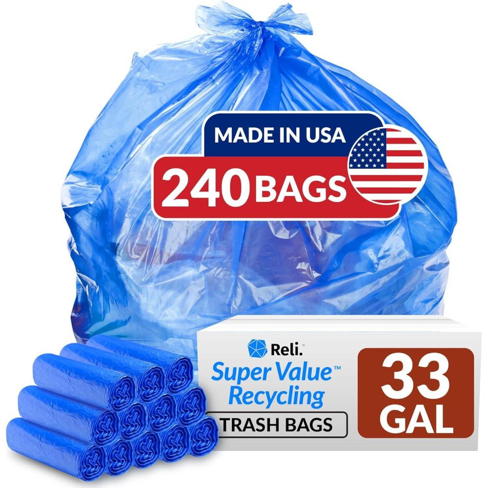 imageReli SuperValue 33 Gallon Recycling Bags 240 Count Bulk Made in the USA Blue Trash Bags 3033 Gallon Blue Recycling Garbage 33Gal with 30Gal 33Gal 35Gal Capacity1 Count Pack of 240