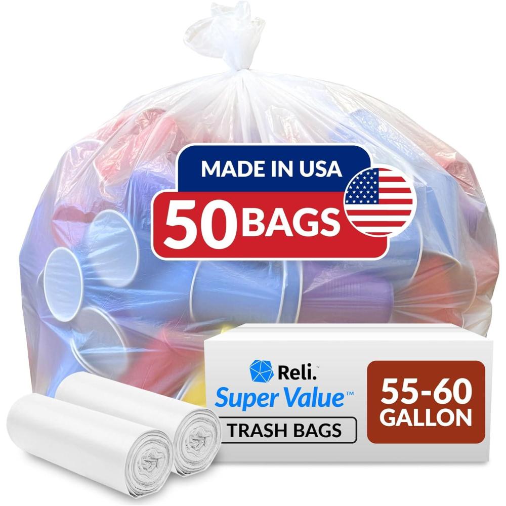 imageReli SuperValue 5560 Gallon Trash Bags 50 Count Made in USA Heavy Duty Clear MultiUse Garbage Bags