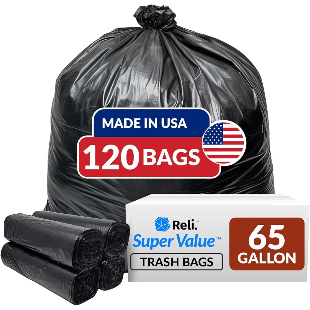 imageReli SuperValue 65 Gallon Trash Bags 120 Count Made in USA Heavy Duty Bulk Black MultiUse Garbage Bags