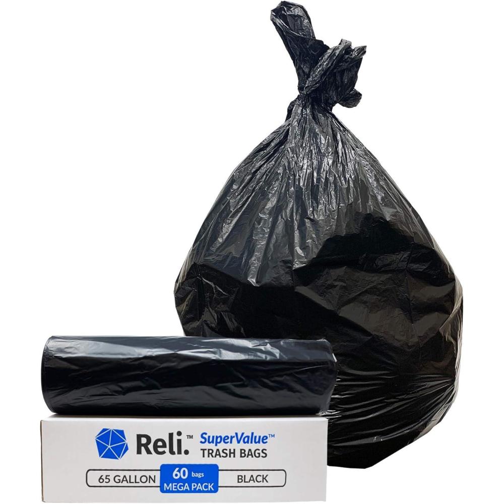 imageReli SuperValue 65 Gallon Trash Bags 60 Count Made in USA Heavy Duty Black MultiUse Garbage Bags
