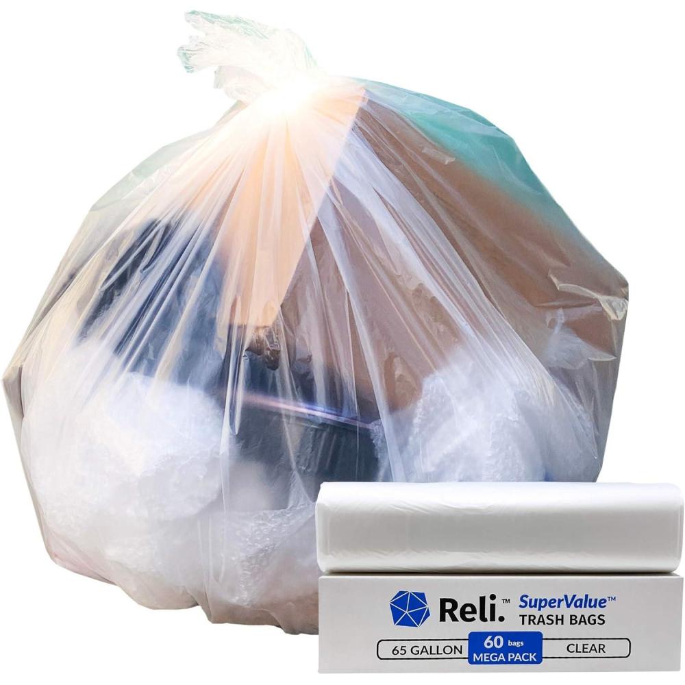 imageReli SuperValue 65 Gallon Trash Bags 60 Count Made in USA Heavy Duty Clear MultiUse Garbage Bags