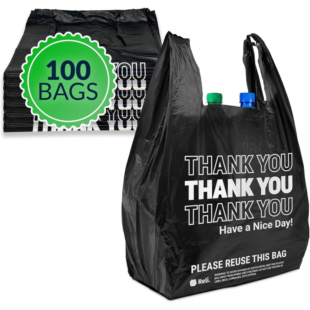 imageReli Thank You Plastic Bags  100 Pack  115 x 65 x 21 Black  Plastic Bags with Handles  Ideal for Grocery Shopping Food Take Out Restaurants Small Business