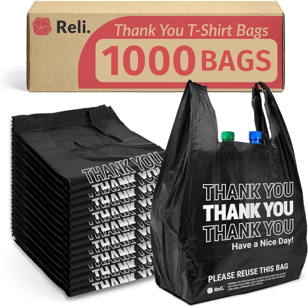 imageReli Thank You Plastic Bags 1000 Pack 115 x 65 x 21 Black Plastic Bags with Handles Ideal for Grocery Shopping Food Take Out Restaurants Small Business