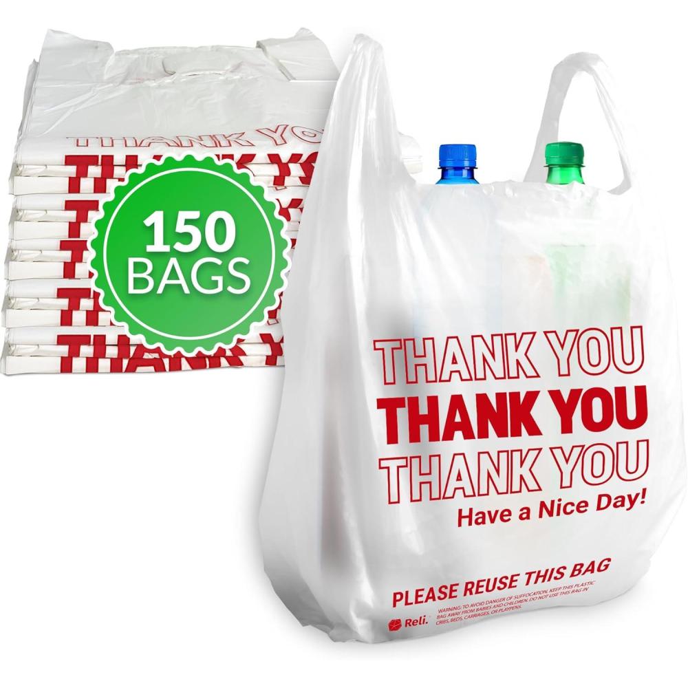 imageReli Thank You Plastic Bags 150 Pack 115 x 65 x 21 White Plastic Bags with Handles Ideal for Grocery Shopping Food Take Out Restaurants Small Business
