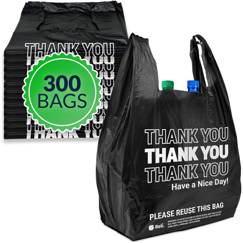 imageReli Thank You Plastic Bags 300 Pack 115 x 65 x 21 Black Plastic Bags with Handles Ideal for Grocery Shopping Food Take Out Restaurants Small Business