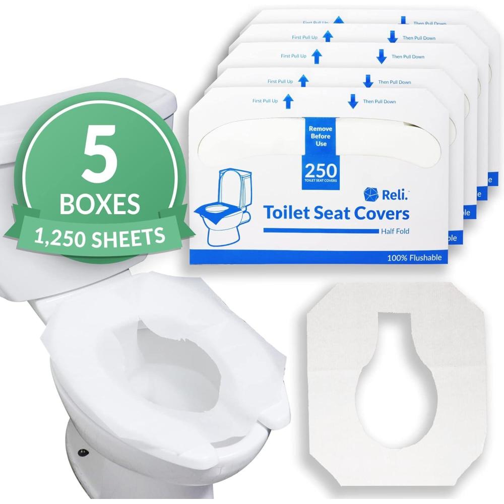 imageReli Toilet Seat Covers 1250 Pcs 5 Packs of 250 Disposable Toilet Seat Cover Flushable 14x16 HalfFold Paper Liners for Restroom Bathroom Travel Camping Kids Potty Training