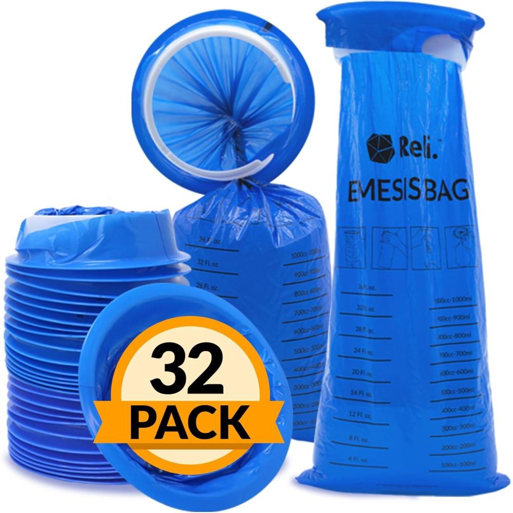 imageReli Vomit Bags Disposable 32 Pack Disposable Barf Bags 1000ml Throw Up Emesis Nausea Motion Sickness Use for Car Adults Kids Travel Friendly Blue