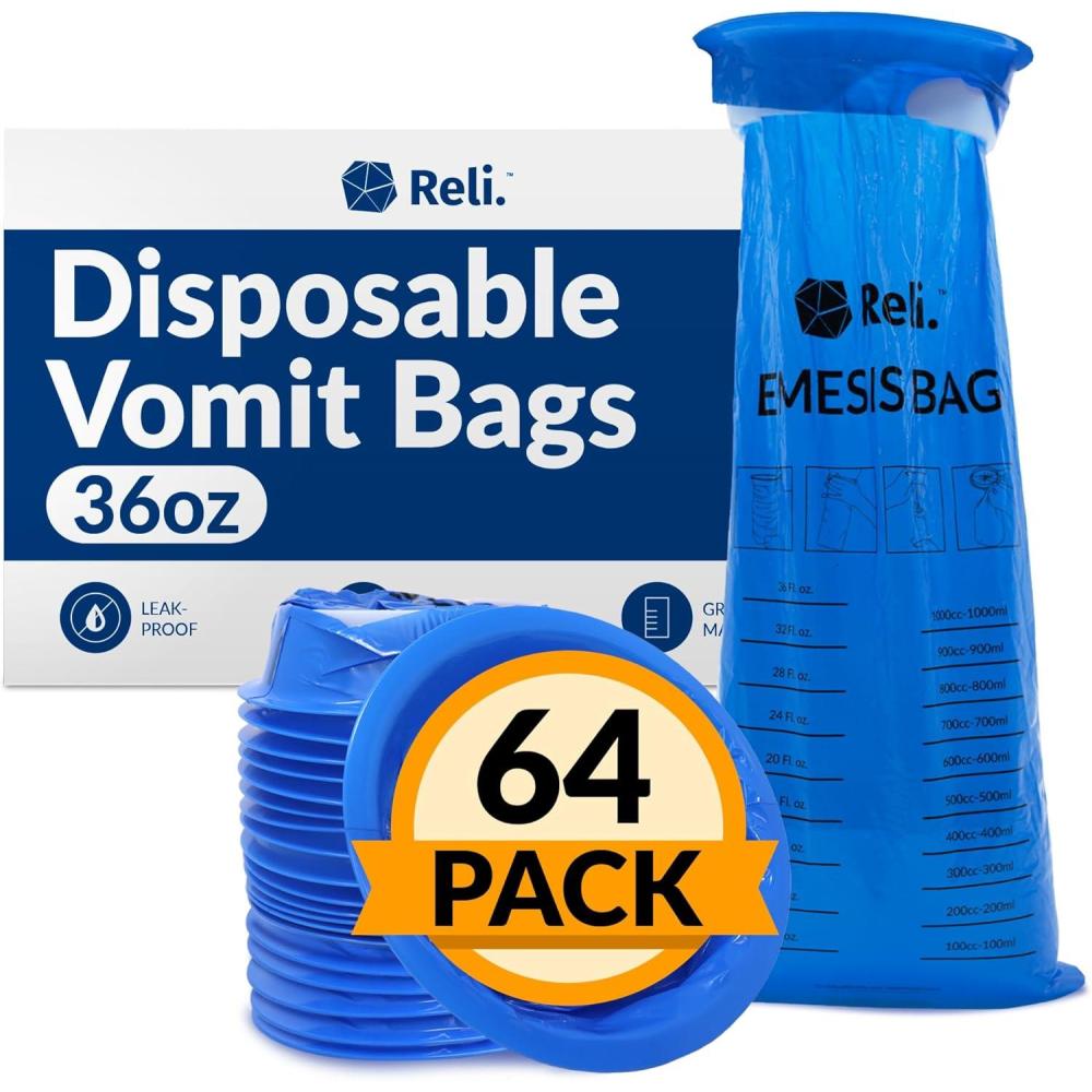 imageReli Vomit Bags Disposable 64 Pack Barf Bags Disposable 1000ml Throw Up Emesis Puke Nausea Use for Car Barf Adults Kids Blue