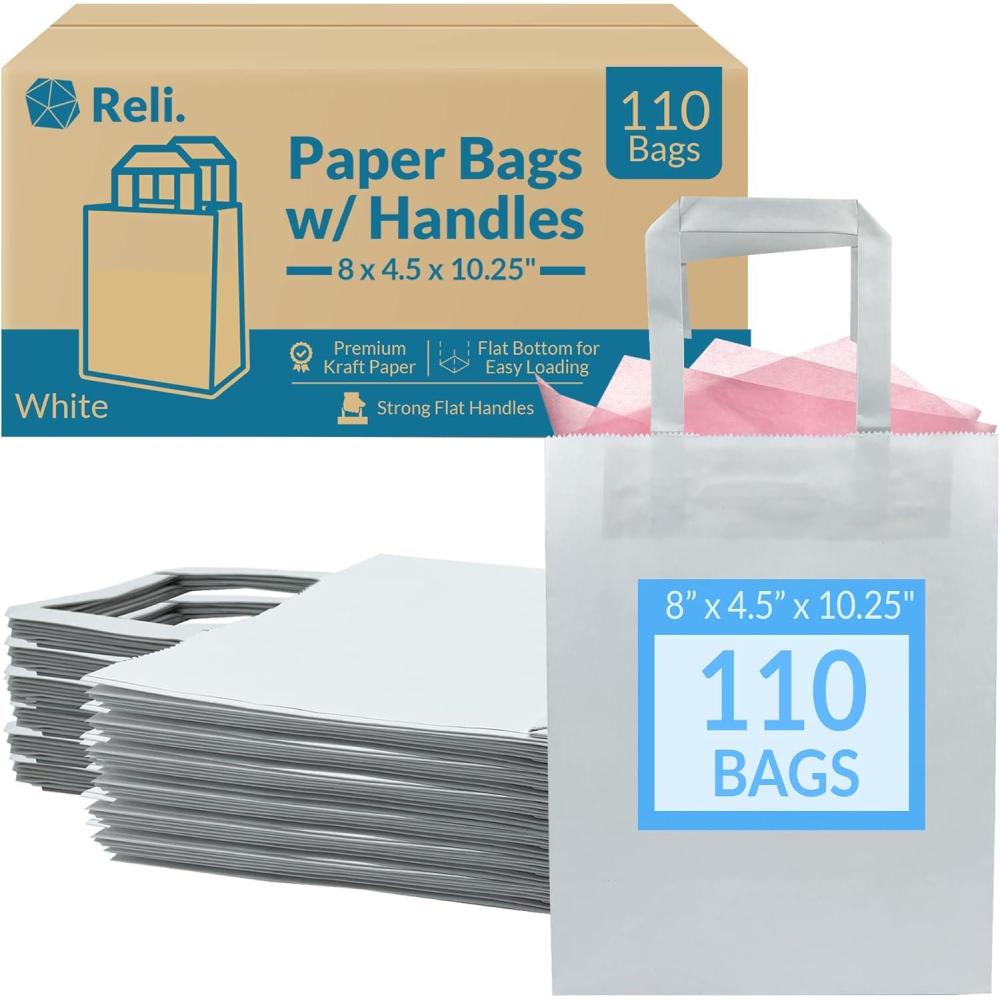 imageReli White Paper Bags 110 Pcs Bulk 8x45x1025 White Paper Bags With Handles Kraft Small Gifts Shopping Retail Merchandise