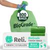 Reli. Biodegradable 13 Gallon Trash Bags | 800 Count Bulk | ASTM D6954 | Green | Eco-Friendly | Oxobiodegradable Under Certain Conditions (See Product Description)(1 Count (Pack of 800))
