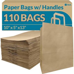 Reli. 10x5x13 in. Brown Paper Bags with Handles | 110 Pack | Kraft Paper Shopping Bags with Flat Handles Bulk | Ideal for Gifts, Retail, Shopping, Merchandise, Take Out/To Go, Party, Crafts