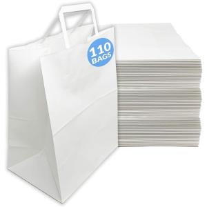 Reli. 110 Pack | 10”x5”x13” | White Paper Bags w/Handles | Ideal for Gifts, Shopping Bags, Retail/Merchandise, Grocery, To Go/Take Out with Flat Handles