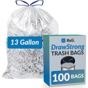 Reli. 13 Gallon Trash Bags Drawstring (100 Count) | Tall Kitchen Garbage Bags, Unscented | Ideal for Kitchen, Home | Clear Recycling Can Liners w/Drawstring