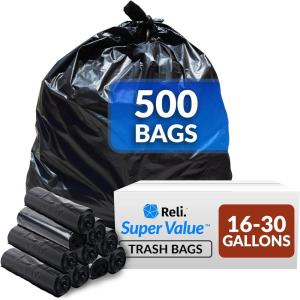Reli. 16-25 Gallon Trash Bags | 500 Bags | Black | Home, Kitchen | Strong | Garbage