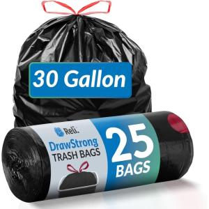 Reli. 30 Gallon Trash Bags Drawstring (25 Count) | Black Garbage Bags 30 Gallon Heavy Duty | Large for Home & Outdoor Use | Drawstring