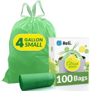 Reli. 4 Gallon Trash Bags Drawstring (100 Count) | Citrus Scented Small Trash Bags for Bathroom Can | 2 Gal – 3 Gallon – 4 Gal Small Trashcan Liners (Green)