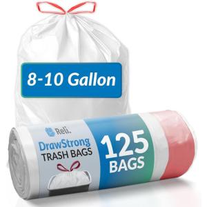 Reli. 8-10 Gallon Trash Bags Drawstring (125 Count) | Small Garbage Bags 10 Gallon, Unscented | Ideal for Bathroom, Office, Home | White Trash Can Liners w/Drawstring