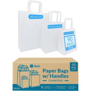 Reli. 90 Pack | Assorted Sizes White Paper Bags w/Handles | 7×3.15×8, 8×4.5×10.25, 10x5x13 | 30 Pcs Each Size | Paper Bag Combo Pack | Retail Shopping, Gifts