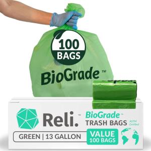 Reli. Biodegradable 13 Gallon Trash Bags | 100 Count | ASTM D6954 | Green | Eco-Friendly | Oxobiodegradable Under Certain Conditions (See Product Description)(100 Count (Pack of 1))