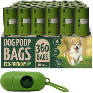 Reli. Biodegradable Dog Poop Bags w/Holder (360 Count – 24 Rolls) | 9×13″ Large Dog Bags for Poop w/Dispenser | Green Eco-Friendly | Oxobiodegradable Pet Waste Disposal Refills (Unscented)
