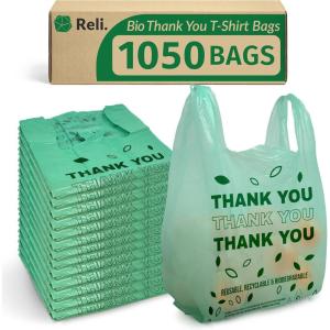 Reli. Biodegradable Thank You Bags | 1,050 Count (11.5″ x 6.5″ x 21″) | Green Plastic Bags with Handles | Ideal for Grocery, Shopping, Food Take Out, Small Business | Oxo-Biodegradable Plastic