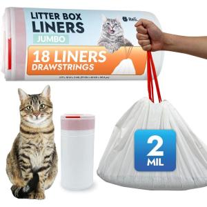 Reli. Cat Litter Box Liners (18 Count), Jumbo | Drawstring Litter Box Liner | Heavy Duty for Cat Pan, Pet Waste | Kitty Poop Bags, Drawstring Handles (White)