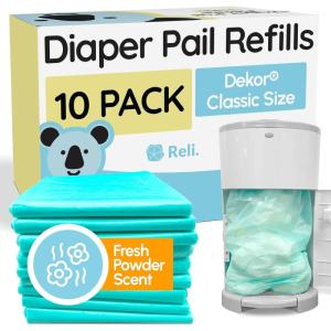 Reli. Diaper Pail Refill Bags, Compatible with Dekor Classic (10 Pack) | Diaper Dekor Refills w/Powder Fresh Scent | Odor Blocking, Strong, Easy Replacement Bags | Holds up to 4950 Diapers