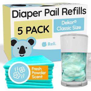 Reli. Diaper Pail Refill Bags, Compatible with Dekor Classic (5 Pack) | Diaper Dekor Refills w/Powder Fresh Scent | Odor Blocking, Strong, Easy Replacement Bags | Holds up to 2475 Diapers